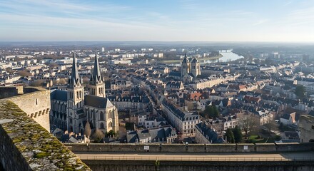 Obraz premium Panoramic View of Historic European City with Cathedral Spires and River.