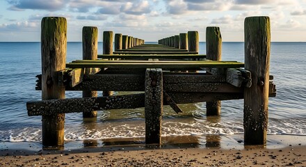 Old Wooden Pier Stretching into the Ocean.