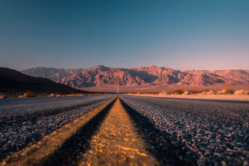 Naklejka premium Endless desert highway stretching toward distant sunlit mountains at golden hour