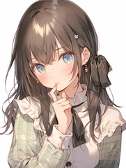 青い瞳の女の子が指を口に当てるかわいいポートレート