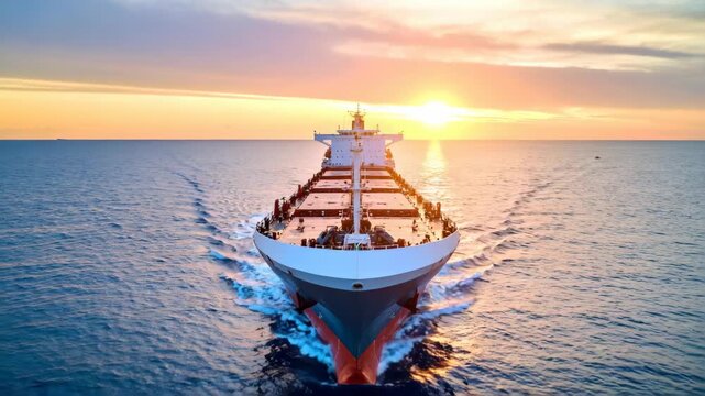 Large bulk carrier ship sails across vast ocean at golden sunset, creating bow waves under a sky filled with brilliant light and golden hues.
