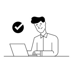 hombre trabajando en su laptop. Productividad, trabajo de oficina, teletrabajo. Persona sentada usando su computadora portátil. Ilustración vectorial