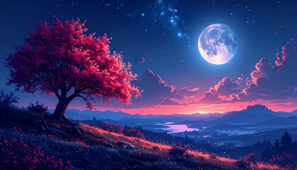 Fototapeta premium A stunning landscape illustration showcases a solitary tree with vibrant pink blossoms against a backdrop of a serene valley, illuminated by a luminous moon and a starry night sky.