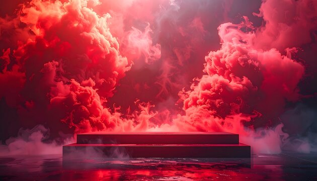 Dramatic red smoke surrounds a dark, tiered platform, creating an intense and atmospheric scene.