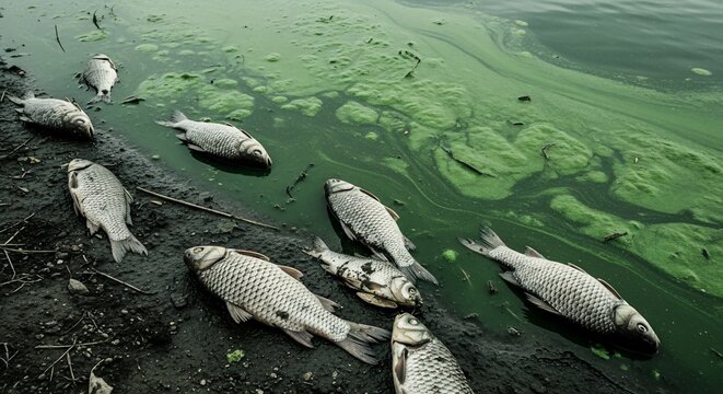 Disturbing scene of dead fish polluting algae covered water shows environmental damage and ecological disaster for environmental advocacy campaigns and awareness