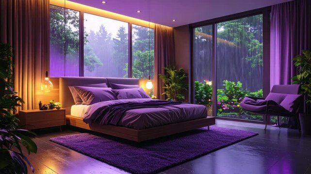 Modern bedroom interior with violet tones and large windows overlooking rainy green foliage, relaxing and cozy atmosphere
