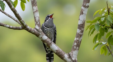 Striking plaintive cuckoo perched on a branch, exhibiting its captivating plumage and vocalizing
