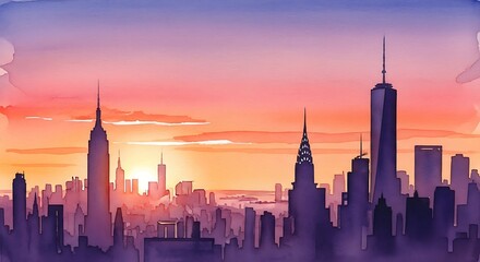 Fototapeta premium Watercolor cityscape painting capturing the vibrant skyline at sunset during twilight hour