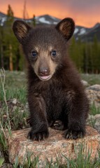 Fototapeta premium A captivating, close-up portrait of a curious baby bear, sitting atop a rocky outcrop against a vibrant sunset backdrop.