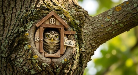 Owl in a birdhouse looking at the camera.