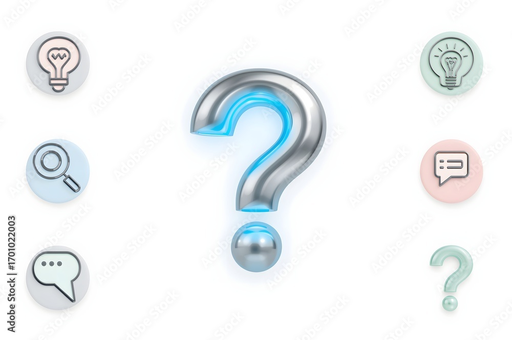 Poster 3d question mark symbol with shiny metallic finish and reflective surface