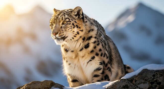 A majestic snow leopard perched on a rocky outcrop in the Himalayas, bathed in the warm glow of the setting sun.