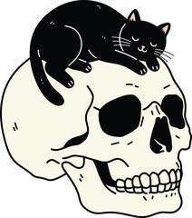 Black cat resting on skull, spooky Halloween illustration