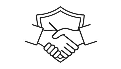 A simple, outlined illustration of two hands clasped in a handshake, enclosed within a protective shield.