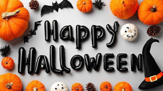 3D "Happy Halloween" Black Foil Balloon Letters with Pumpkins, Pine Cones, and Witch Hat Halloween Illustration Style Photography