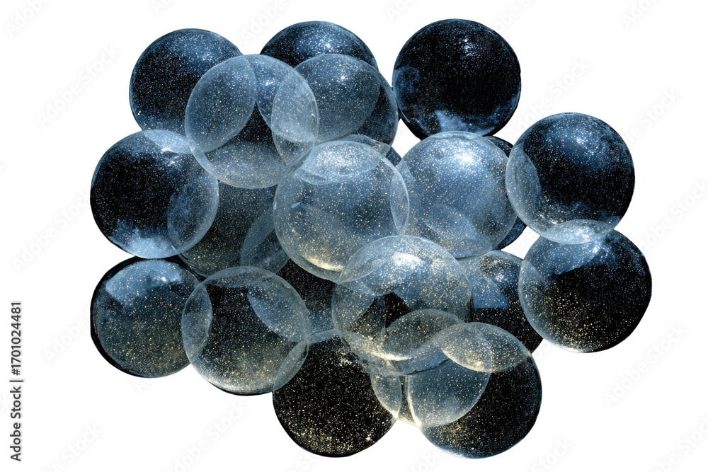 Poster cluster of transparent spheres filled with glittering nebulae, resembling universes within universes