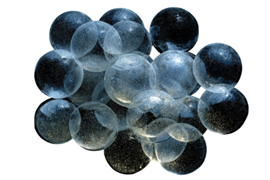 Cluster of transparent spheres filled with glittering nebulae, resembling universes within universes. background removed