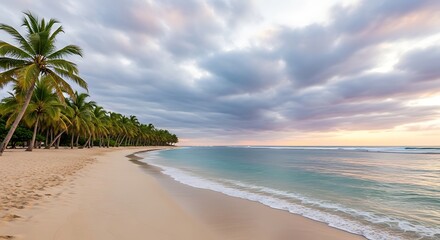 Tropical Beach Paradise at Sunrise with Palm Trees.