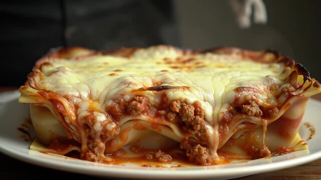 Lasagna al forno with layered pasta, meat ragu, b&eacute;chamel, and melted cheese