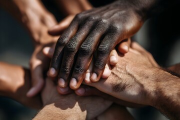 Fototapeta premium Hands of people of different nationalities and skin colors are extended to each other, showing unity and equality of different cultures. Munticultural. Culture diversity. Equality