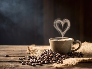 Romantic Heart-Shaped Steam from Steaming Coffee Cup with Beans on Burlap and Vintage Wooden Background