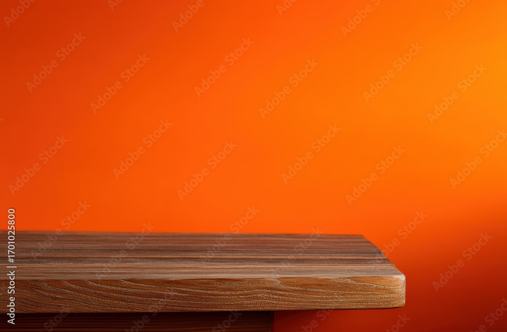 Poster Wooden table set against a vibrant orange background, offering ample space for product placement and item display in a clean, minimal setting