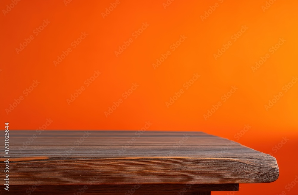 Poster empty wooden table top on a vibrant orange background, creating a striking contrast and ideal space 
