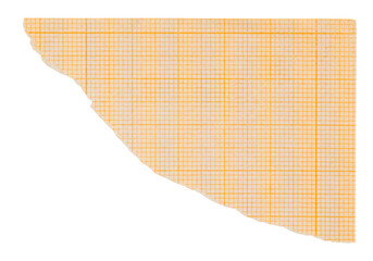 Torn corner of orange millimeter graph paper sheet with grid, isolated collage element for design