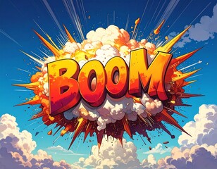 Comic Style BOOM Explosion Text with Colorful Cloud and Sky