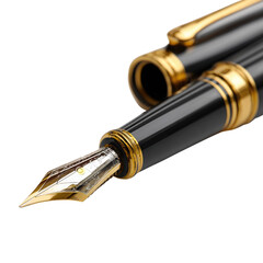 Close-up of an elegant black and gold fountain pen with a detailed nib, isolated on a transparent background. background removed