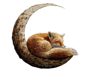 A cute red fox peacefully sleeps curled up on a crescent moon in the night sky. background removed