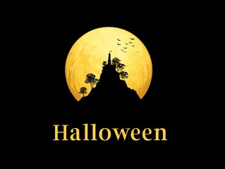 Halloween Vector Art: Full Moon with Bats Flying Around Silhouette Haunted House on Hill, Flat Design for Poster Invitation