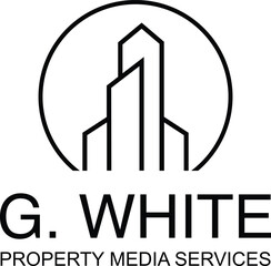 Modern, sleek logo for G. White Property Media Services, blending real estate imagery with media icons to reflect professionalism, clarity, and innovation.