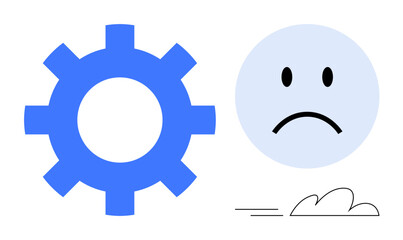 Blue gear and sad face next to a simple cloud, combining emotion and technology. Ideal for challenges, troubleshooting, inefficiency, dissatisfaction, error, frustration work-life balance. A simple