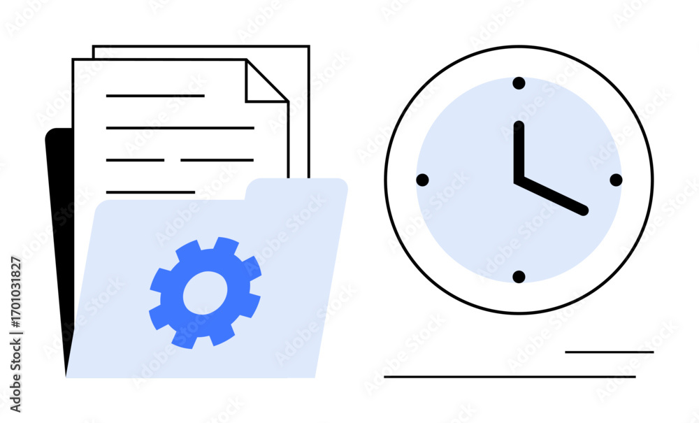 Poster clock alongside folder with gear icon and documents, representing task scheduling, workflow efficien