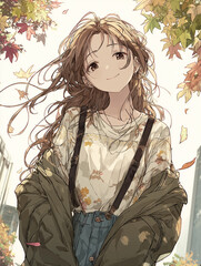 秋の街を歩くカジュアルファッションの美少女キャラクター