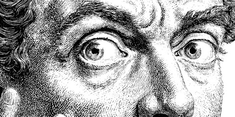 Vintage engraving style illustration of a forehead with expressive eyes for artistic design