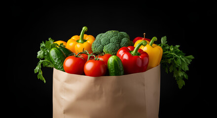 Paper bag filled with fresh vegetables and fruits such as broccoli, lettuce, oranges, apple, cucumber, and strawberries on black background.