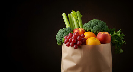 Paper bag filled with fresh vegetables and fruits such as broccoli, lettuce, oranges, apple, cucumber, and strawberries on black background.