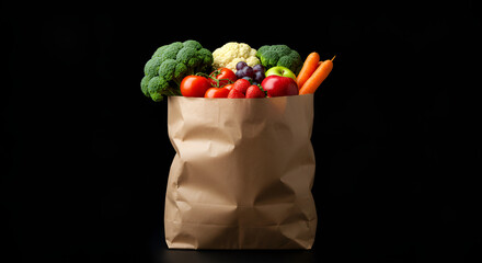 Paper bag filled with fresh vegetables and fruits such as broccoli, lettuce, oranges, apple, cucumber, and strawberries on black background.