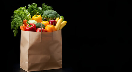 Paper bag filled with fresh vegetables and fruits such as broccoli, lettuce, oranges, apple, cucumber, and strawberries on black background.