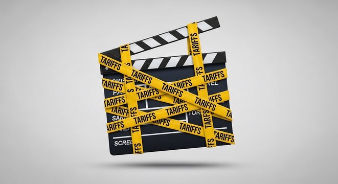 Impact of Tariffs on Film Industry Production: A Clapperboard Symbolically Bound by Yellow Tape, Representing Trade Restrictions and Economic Challenges for Filmmakers