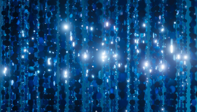 Blue Sequins Curtain Reflecting Light Creating Festive Atmosphere