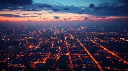 City lights sunset aerial