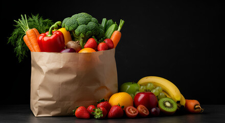 Paper bag filled with fresh vegetables and fruits such as broccoli, lettuce, oranges, apple, cucumber, and strawberries on black background.