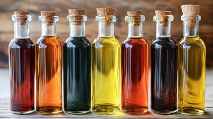 Seven glass bottles filled with colorful liquids, sealed with corks, arranged in a row.