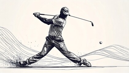 Dynamic illustration of a golfer in mid-swing, showcasing powerful motion and artistic linework.