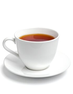 A cup of tea on a saucer, against a white background