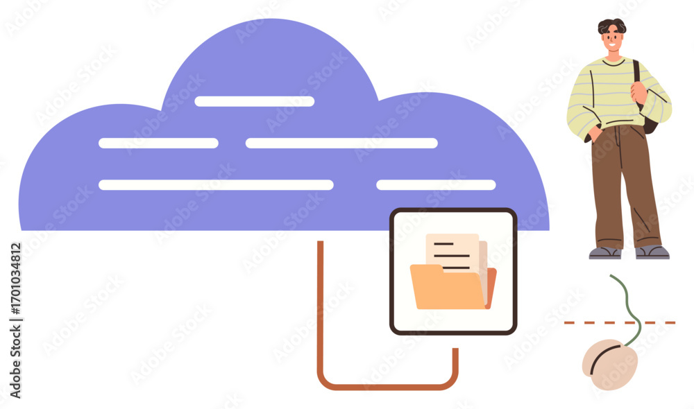 Poster large cloud with folder and document display connected to a computer mouse. person standing nearby. 