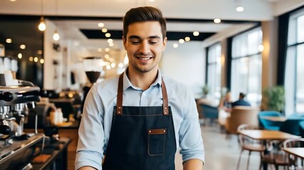 Smiling professional male barista wearing an apron serving blank green screen cup, happily working at the counter of a modern, stylish coffee shop, ready to serve customers